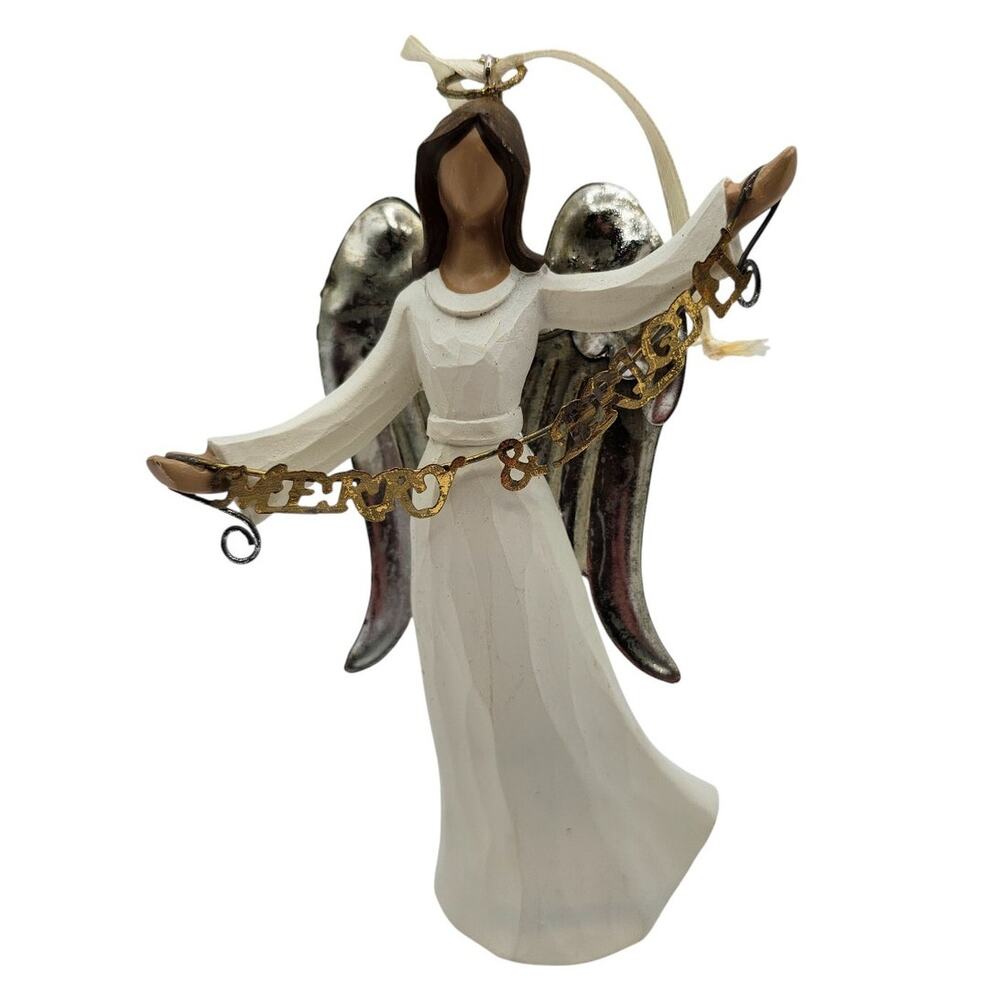 Dancing Angel Christmas Ornament White Resin Angelic Wings Holiday